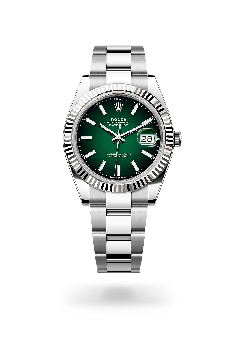 Rolex datejust 41 in datejust with a Green ombré dial, Fluted bezel, and Oystersteel bracelet