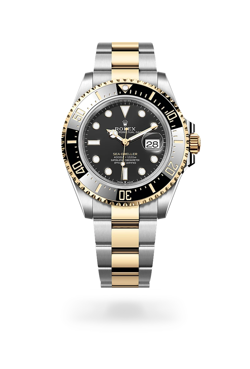 Rolex sea-dweller in sea-dweller with a Intense black dial, Unidirectional rotatable 60-minute graduated, scratch-resistant Cerachrom insert in black ceramic, numerals and graduations coated in gold bezel, and Yellow Rolesor - combination of Oystersteel and yellow gold bracelet