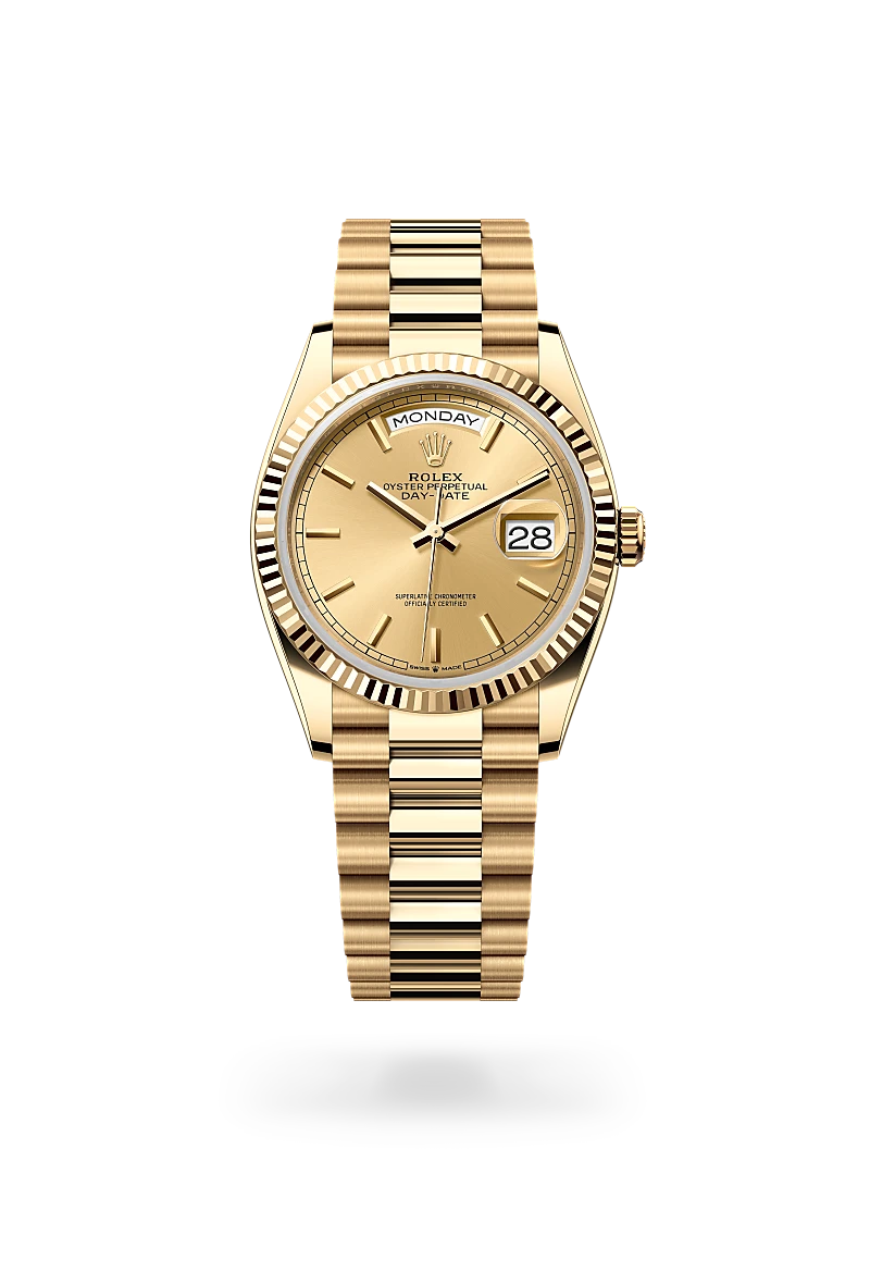 Rolex day-date 36 in day-date with a Champagne-colour dial, Fluted bezel, and 18 kt yellow gold bracelet