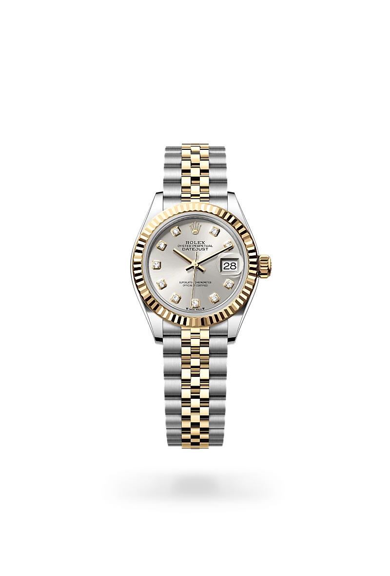 Rolex lady-datejust in lady-datejust with a Silver set with diamonds dial, Fluted bezel, and Yellow Rolesor - combination of Oystersteel and yellow gold bracelet