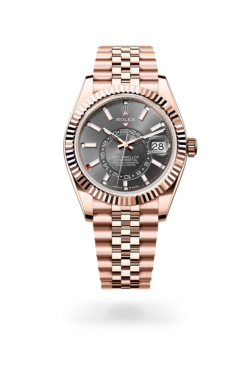 Rolex sky-dweller in sky-dweller with a Slate dial, Fluted, bidirectional rotatable Rolex Ring Command bezel, and 18 kt Everose gold bracelet